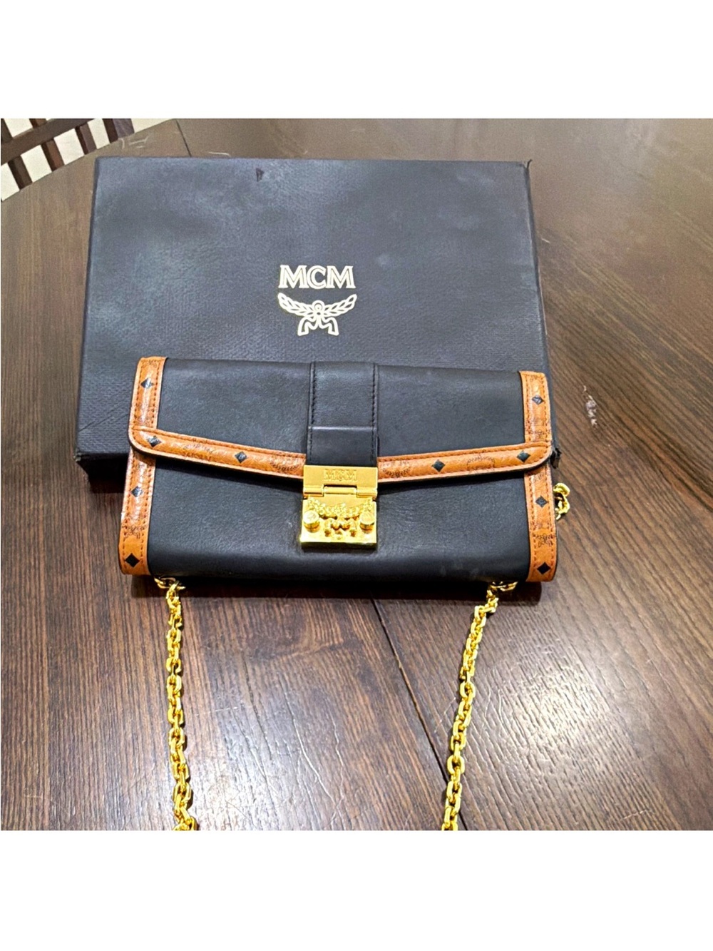 MCM Black & Cognac Trim Leather Messenger with Gold Chain